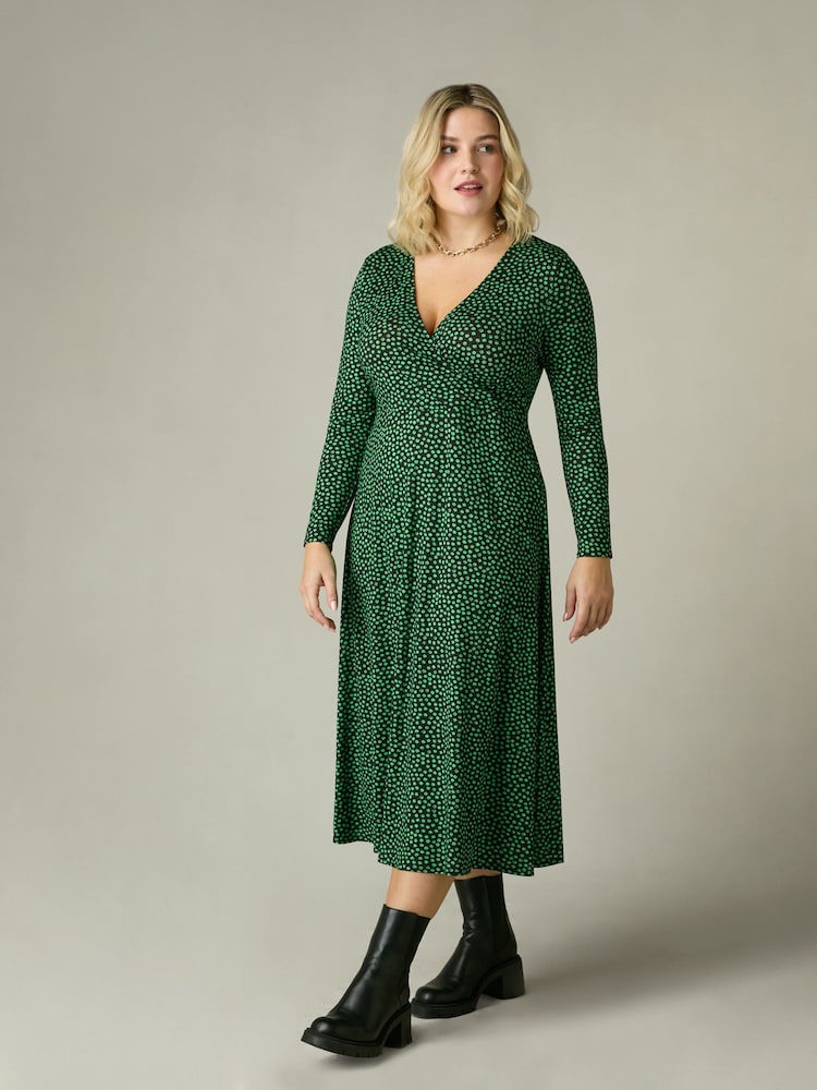Live Unlimited Green Curve Spot Print Jersey Wrap Dress - Image 1 of 5
