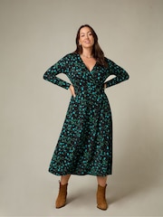 Live Unlimited Blue Curve Petite Ditsy Print Jersey Wrap Dress - Image 1 of 5