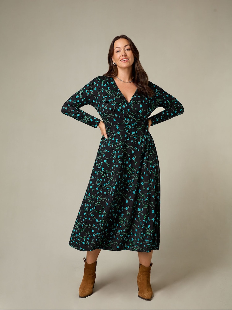 Live Unlimited Blue Curve Petite Ditsy Print Jersey Wrap Dress - Image 1 of 5