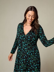Live Unlimited Blue Curve Petite Ditsy Print Jersey Wrap Dress - Image 3 of 5