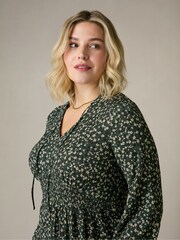 Live Unlimited Green Curve Ditsy Jersey Shirred Waist Dress - Image 5 of 8