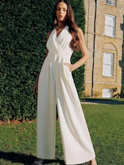 Ro&Zo White Crepe Halterneck Wide Leg Jumpsuit - Image 1 of 9