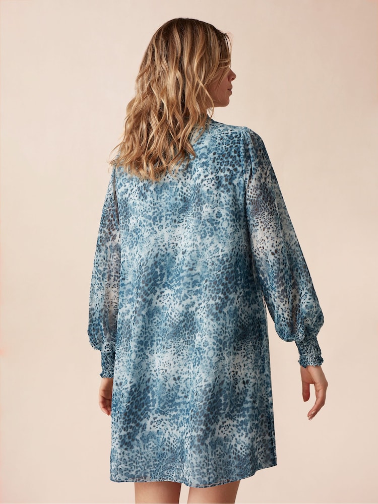 Ro&Zo Blue Mini Leopard Print Shirred Shoulder Dress - Image 2 of 8