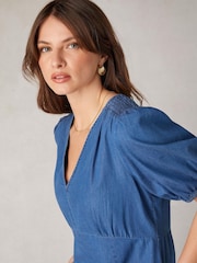 Ro&Zo Blue Shirred Shoulder Midi Dress - Image 1 of 8