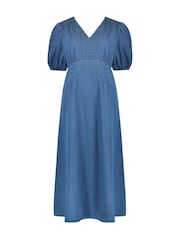 Ro&Zo Blue Shirred Shoulder Midi Dress - Image 7 of 8