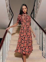 Ro&Zo Black Red Rose Print Ruched Front Midi Dress - Image 1 of 9