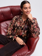 Red/Black Floral Print Metallic Ruffle Tie Neck Long Sleeve Blouse - Image 1 of 6