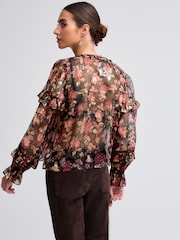 Red/Black Floral Print Metallic Ruffle Tie Neck Long Sleeve Blouse - Image 2 of 6