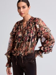 Red/Black Floral Print Metallic Ruffle Tie Neck Long Sleeve Blouse - Image 3 of 6