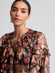 Red/Black Floral Print Metallic Ruffle Tie Neck Long Sleeve Blouse - Image 4 of 6