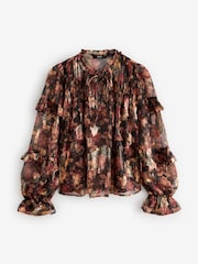 Red/Black Floral Print Metallic Ruffle Tie Neck Long Sleeve Blouse - Image 5 of 6