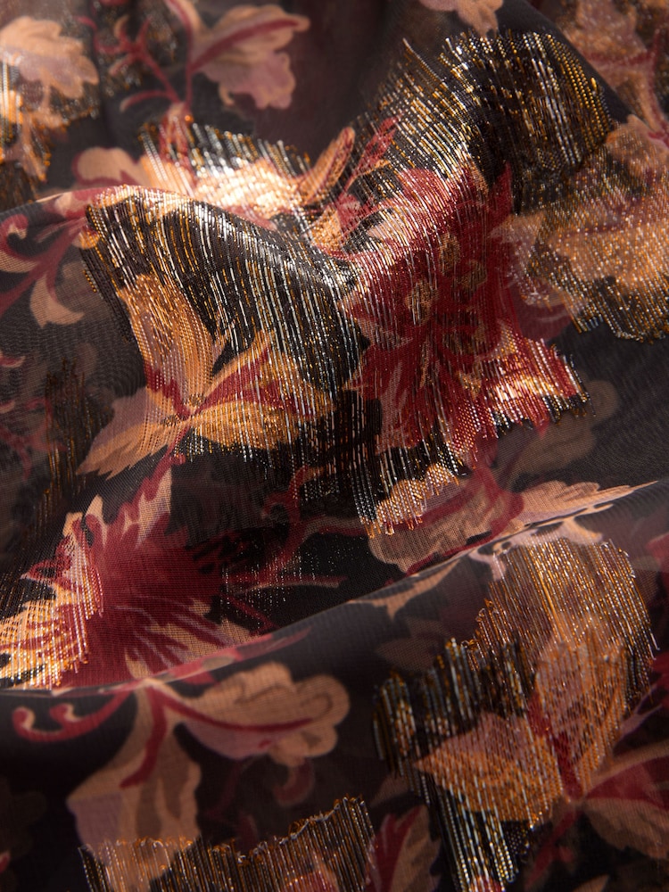 Red/Black Floral Print Metallic Ruffle Tie Neck Long Sleeve Blouse - Image 6 of 6
