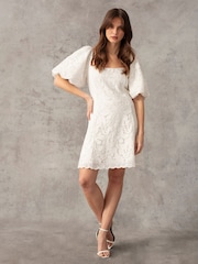 Ro&Zo White Lace Puff Sleeve Square Neck Dress - Image 1 of 9