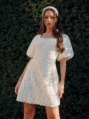Ro&Zo White Lace Puff Sleeve Square Neck Dress - Image 6 of 9