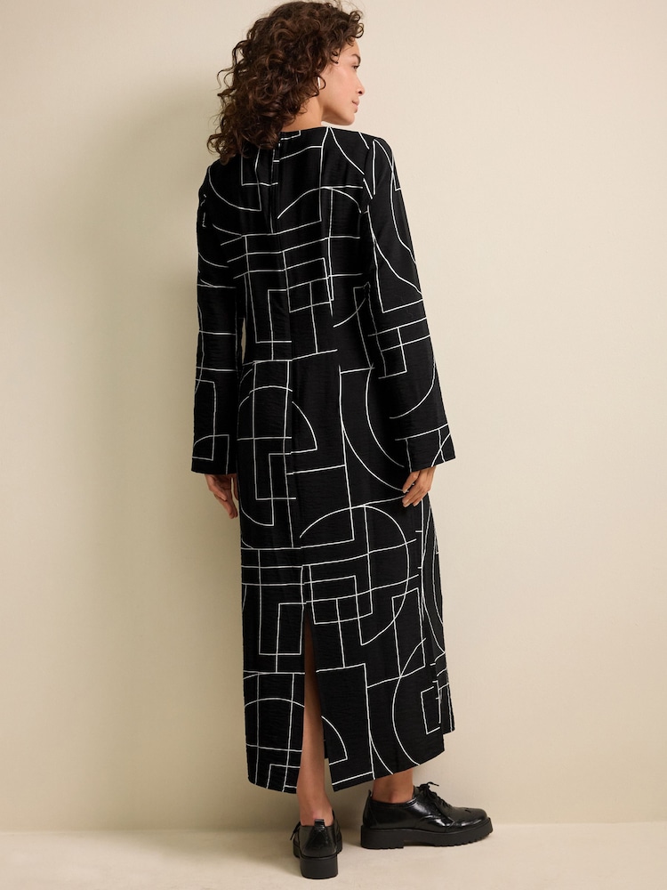 Black & White Geometric Print Twist Waist Long Sleeve Midi Dress - Image 2 of 3