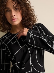 Black & White Geometric Print Twist Waist Long Sleeve Midi Dress - Image 3 of 3