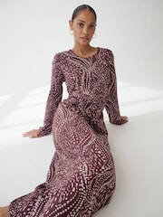 Berry Red Animal Print Twist Waist Long Sleeve Midi Dress - Image 1 of 5