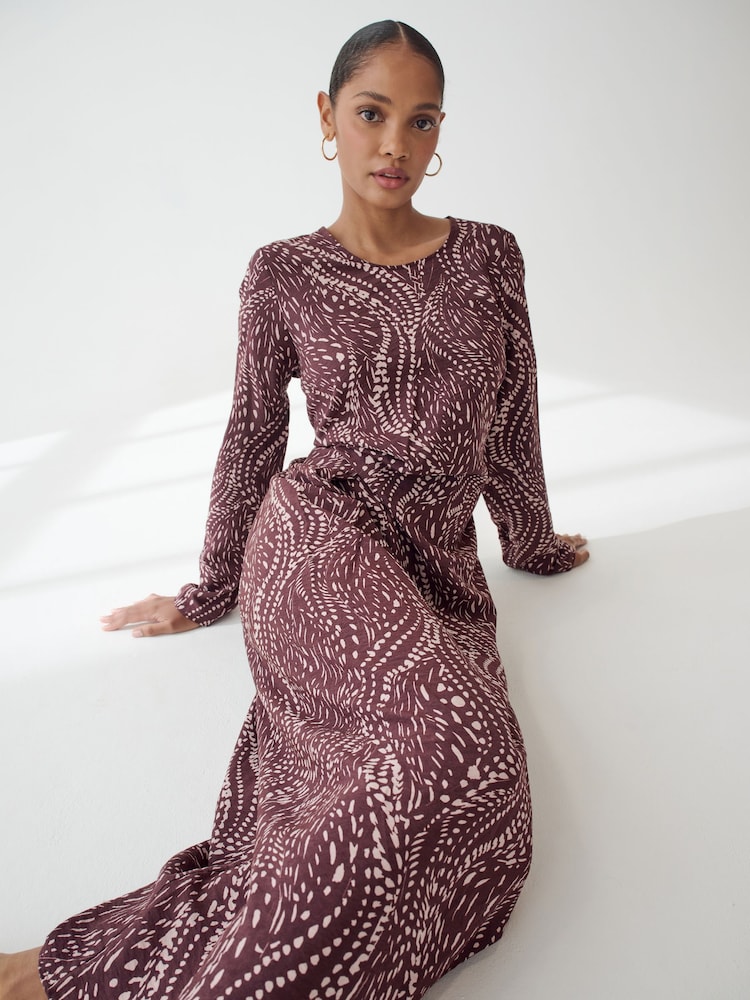 Berry Red Animal Print Twist Waist Long Sleeve Midi Dress - Image 1 of 5