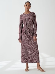 Berry Red Animal Print Twist Waist Long Sleeve Midi Dress - Image 2 of 5