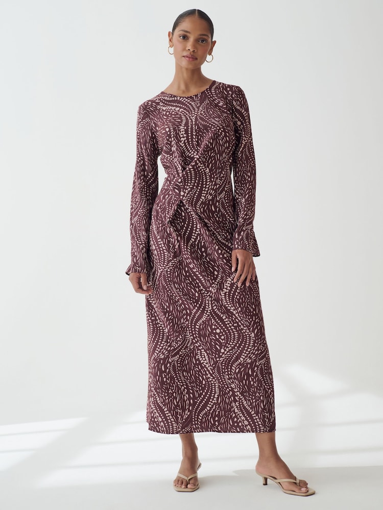 Berry Red Animal Print Twist Waist Long Sleeve Midi Dress - Image 2 of 5