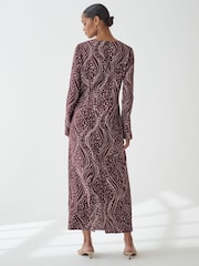 Berry Red Animal Print Twist Waist Long Sleeve Midi Dress - Image 3 of 5