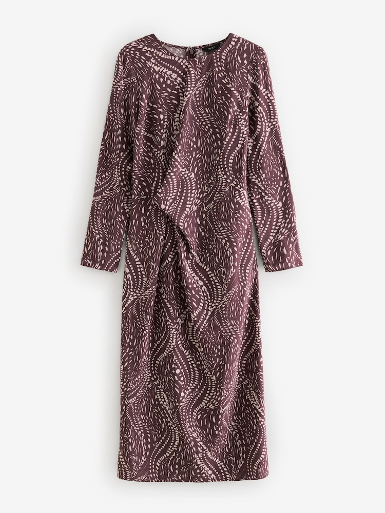 Buy Berry Red Animal Print Twist Waist Long Sleeve Midi Dress from