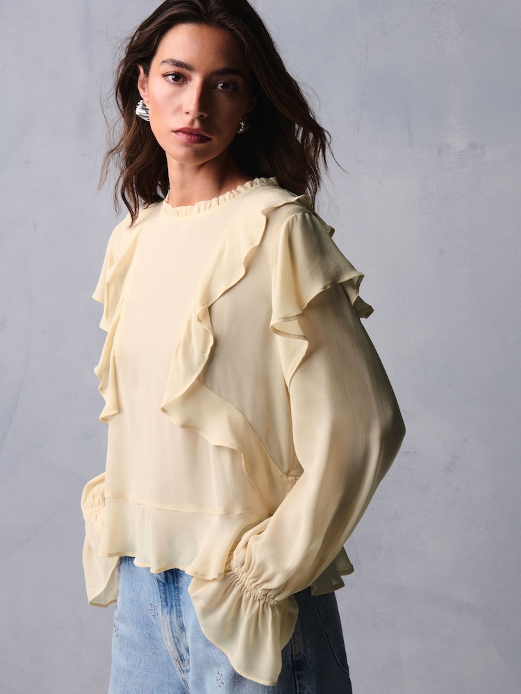 Ecru Ruffle Long Sleeve Blouse - Image 1 of 7