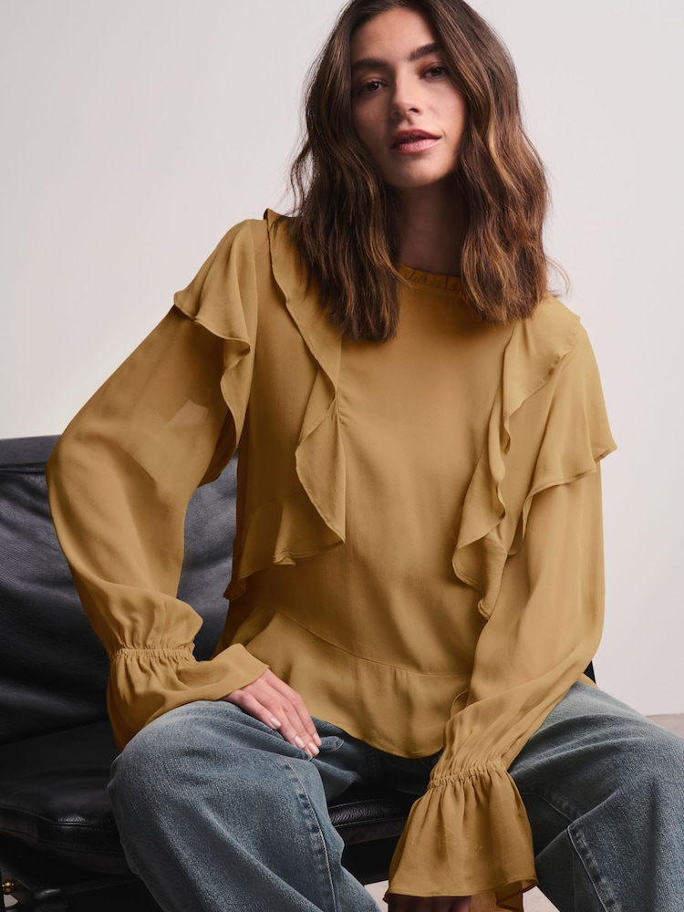 Olive Green Ruffle Long Sleeve Blouse - Image 1 of 8