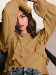 Olive Green Ruffle Long Sleeve Blouse - Image 3 of 8