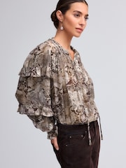 Brown Snake Print Metallic Ruffle Tie Neck Long Sleeve Blouse - Image 1 of 6