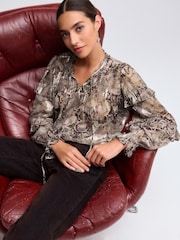 Brown Snake Print Metallic Ruffle Tie Neck Long Sleeve Blouse - Image 2 of 6