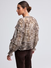 Brown Snake Print Metallic Ruffle Tie Neck Long Sleeve Blouse - Image 3 of 6