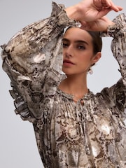 Brown Snake Print Metallic Ruffle Tie Neck Long Sleeve Blouse - Image 4 of 6