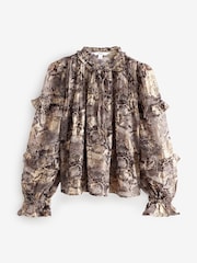 Brown Snake Print Metallic Ruffle Tie Neck Long Sleeve Blouse - Image 5 of 6