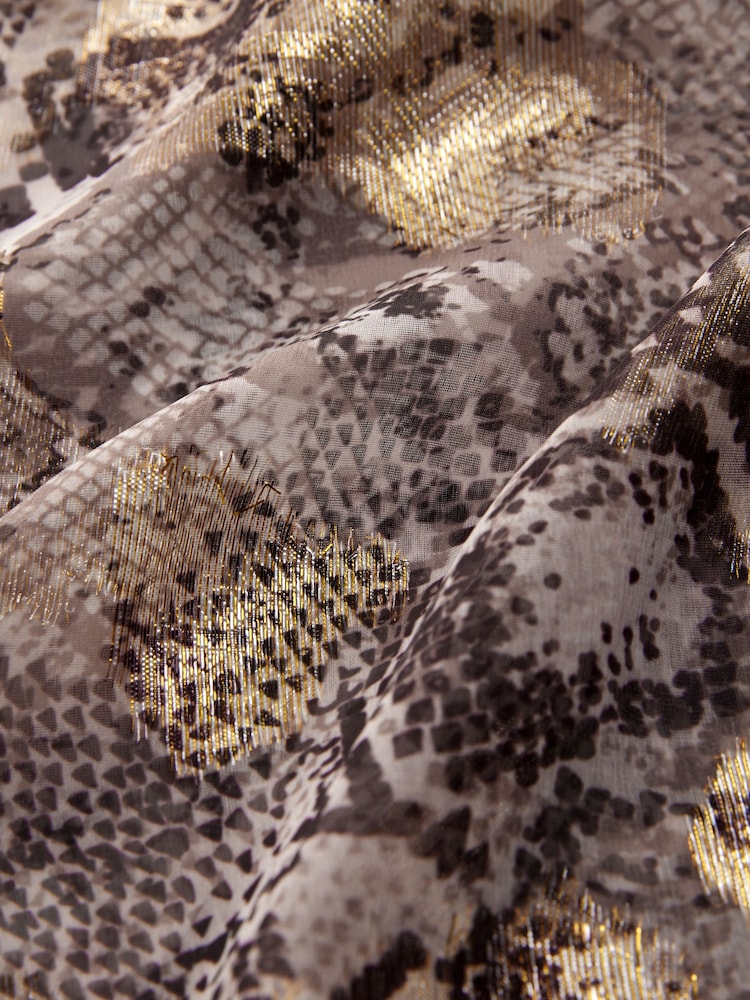 Brown Snake Print Metallic Ruffle Tie Neck Long Sleeve Blouse - Image 6 of 6