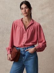 Pink Washed Ruffle Neck Long Sleeve Blouse - Image 1 of 7