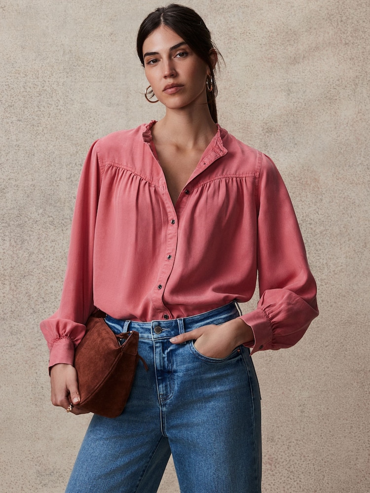 Pink Washed Ruffle Neck Long Sleeve Blouse - Image 1 of 7