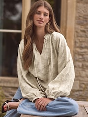 Neutral Premium Tie Neck Long Sleeve Jacquard Blouse - Image 2 of 7