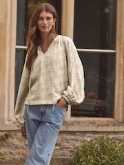 Neutral Premium Tie Neck Long Sleeve Jacquard Blouse - Image 3 of 7