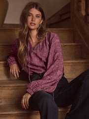 Burgundy Red Premium Tie Neck Long Sleeve Jacquard Blouse - Image 1 of 7