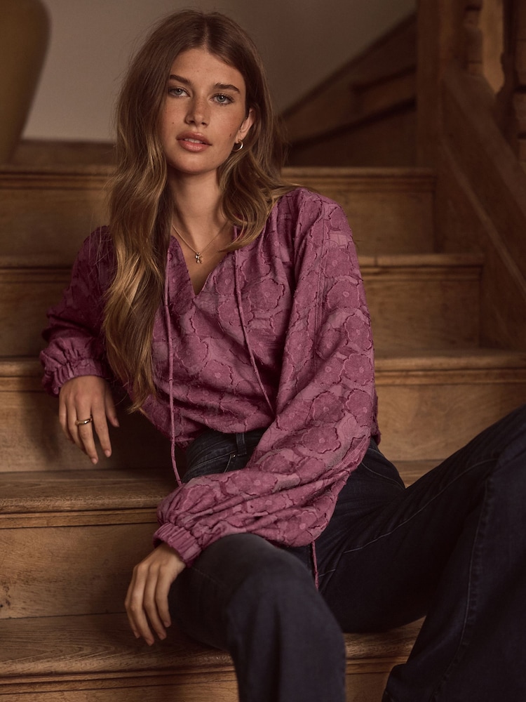 Burgundy Red Premium Tie Neck Long Sleeve Jacquard Blouse - Image 1 of 7