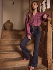 Burgundy Red Premium Tie Neck Long Sleeve Jacquard Blouse - Image 2 of 7