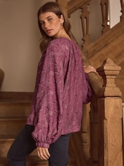 Burgundy Red Premium Tie Neck Long Sleeve Jacquard Blouse - Image 3 of 7