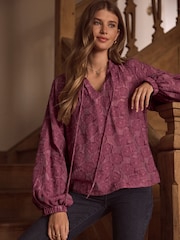 Burgundy Red Premium Tie Neck Long Sleeve Jacquard Blouse - Image 4 of 7