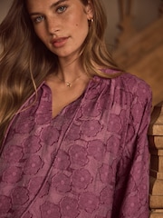 Burgundy Red Premium Tie Neck Long Sleeve Jacquard Blouse - Image 5 of 7