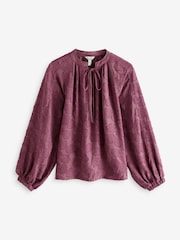 Burgundy Red Premium Tie Neck Long Sleeve Jacquard Blouse - Image 6 of 7