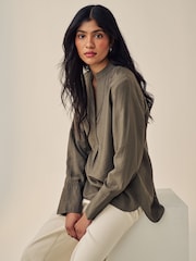 Khaki Green Long Sleeve Textured Overhead V-Neck Blouse - Image 1 of 1