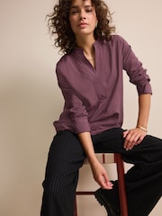 Wine Red Long Sleeve Textured Overhead V-Neck Blouse - Image 1 of 7