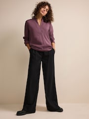 Wine Red Long Sleeve Textured Overhead V-Neck Blouse - Image 2 of 7