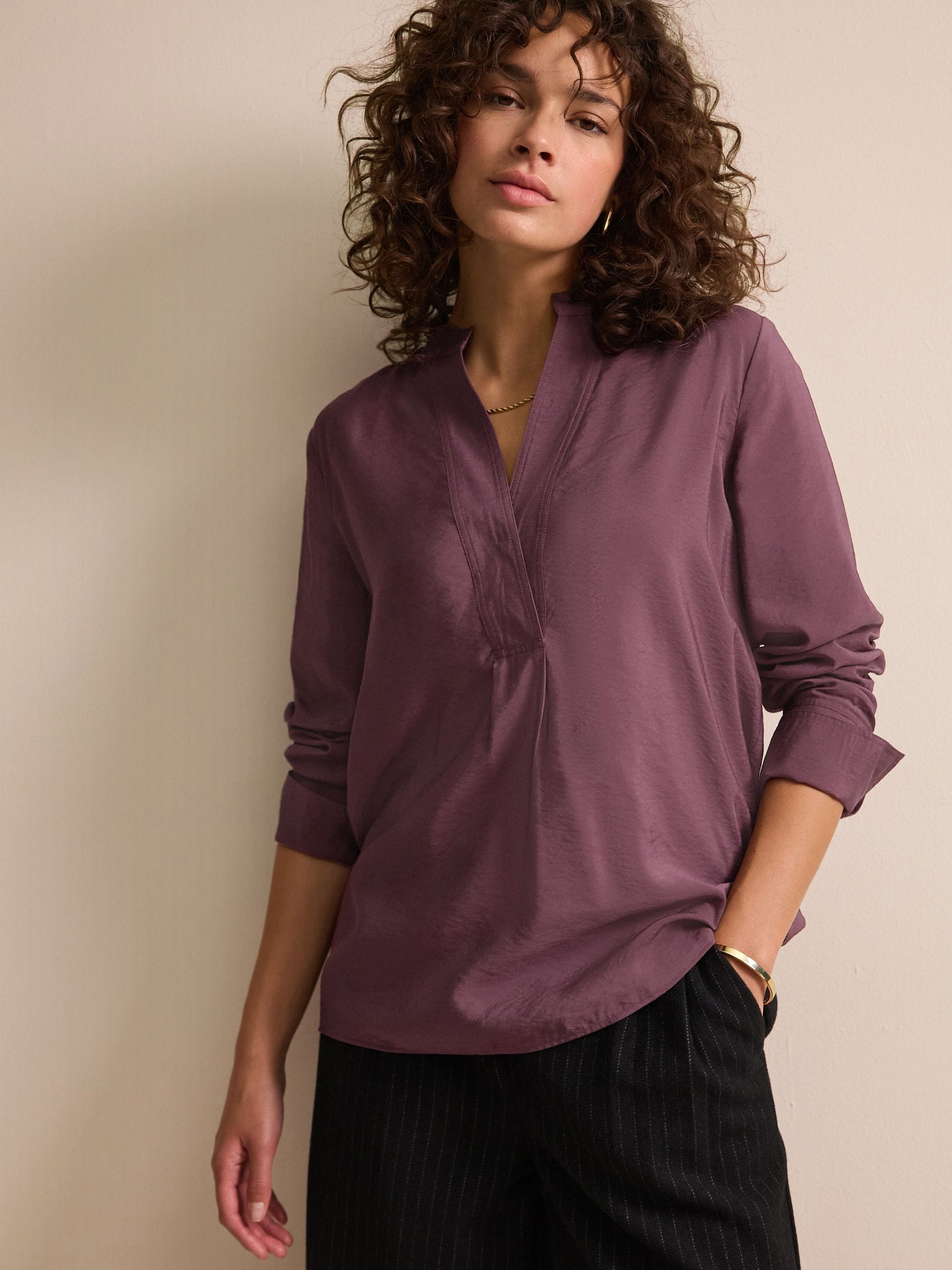 Buy Wine Red Long Sleeve Textured Overhead V-Neck Blouse